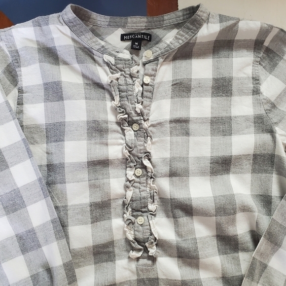 J. Crew Mercantile Flannel Popover Shirt Womens Medium Gray White Check Ruffle - Picture 6 of 7